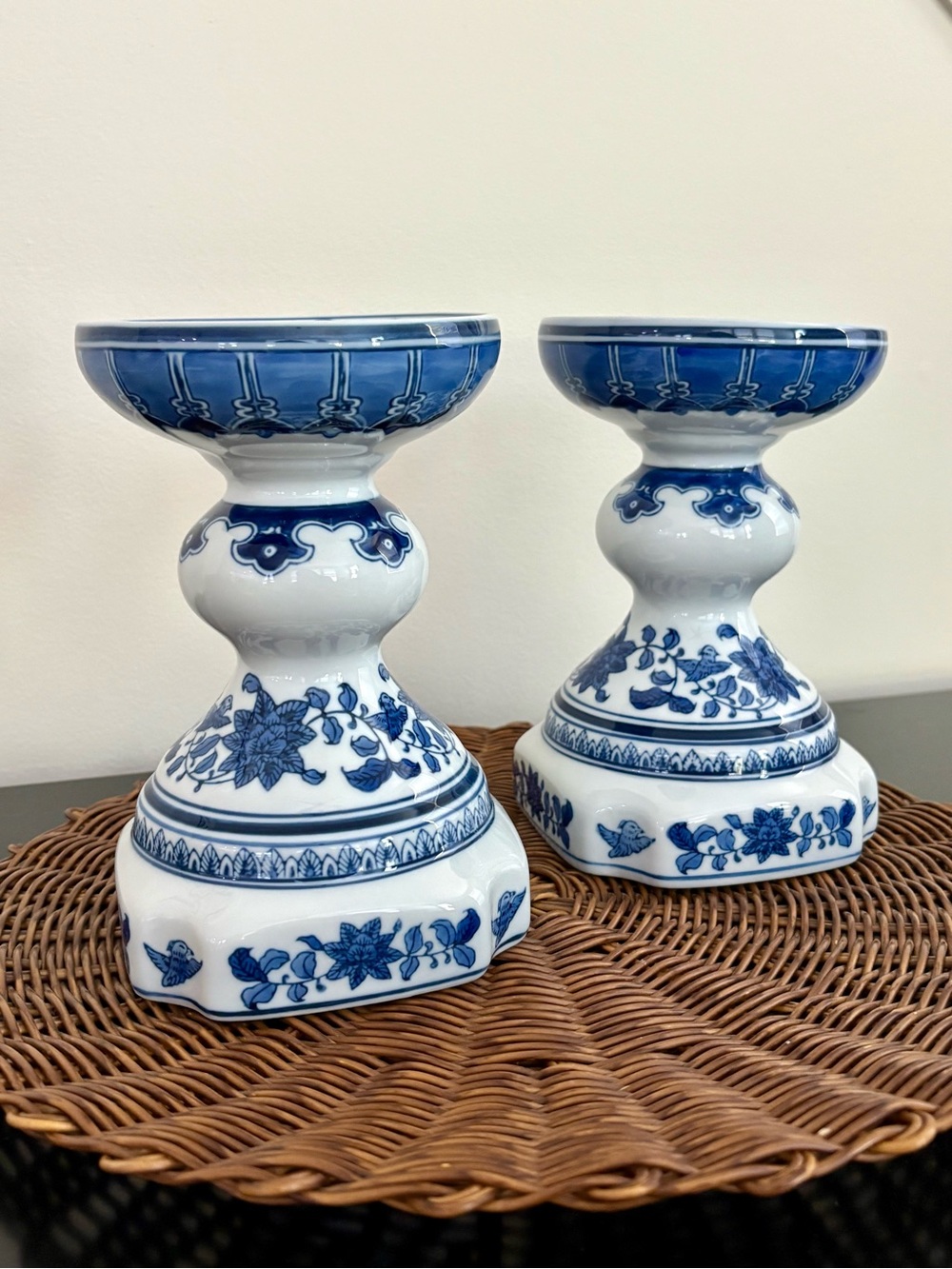 Vintage Blue and White Chinoiserie Candle Holders
